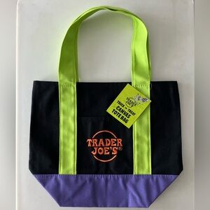 NWT Trader Joe’s Mini Halloween Black Purple Canvas Tote Green Strap Orange Logo